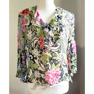SILKLAND Floral Silk Shear Lined Top With Sequins and Beads Sz PL Petite